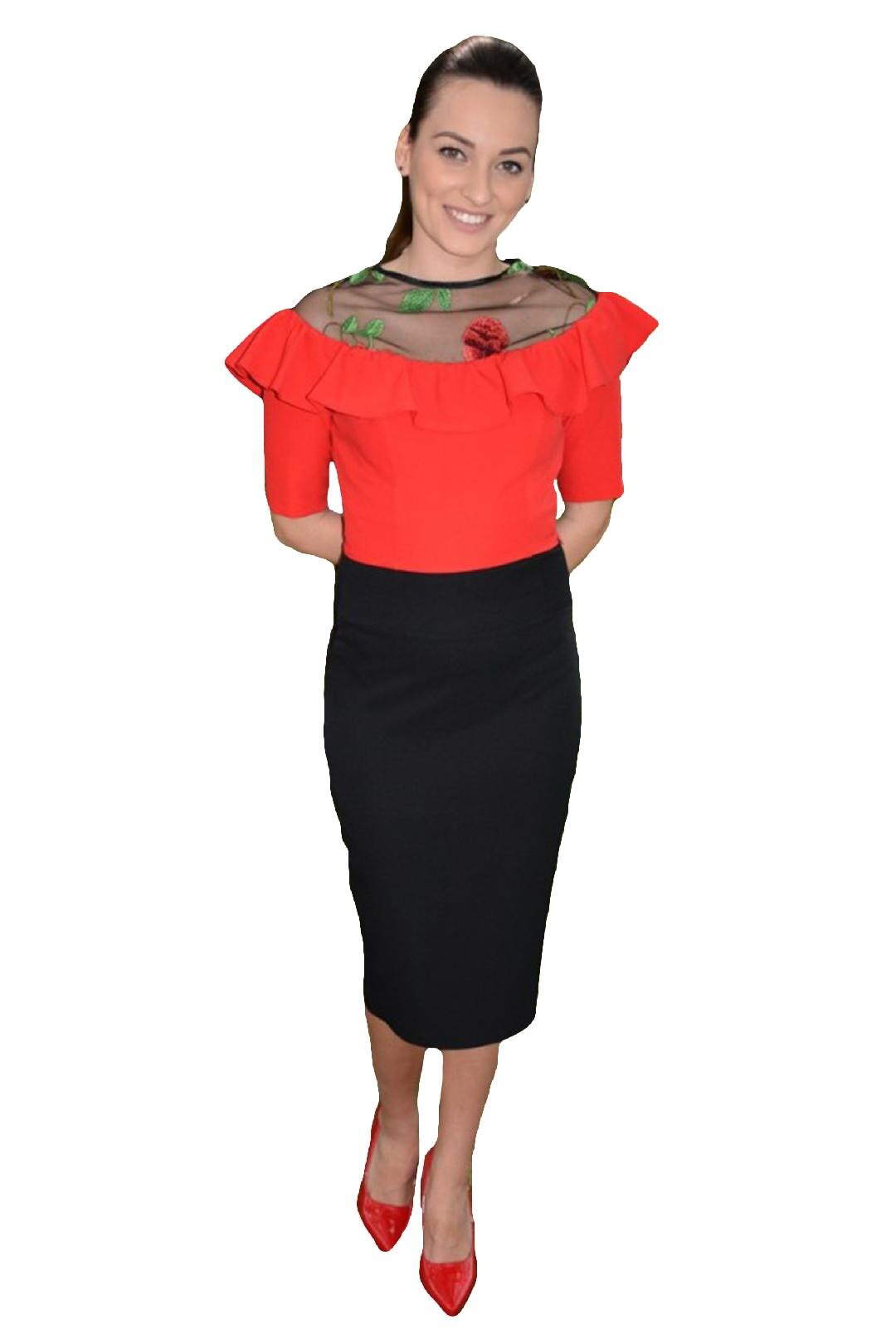 Bluza eleganta cu talie scurta,cu insertie de tul brodat,D&J Exclusive, Rosu