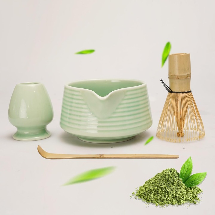 Set ceai matcha ZYBLSSBB 4 piese ceramica bambus alb 15x10x8cm