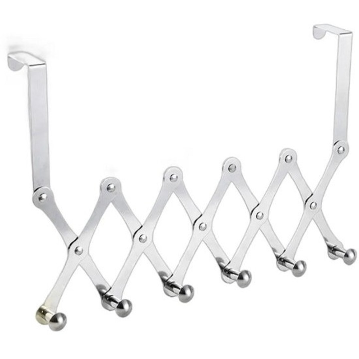 Cuiere extensibile, 6 carlige, otel inoxidabil, argintiu, 12x56cm
