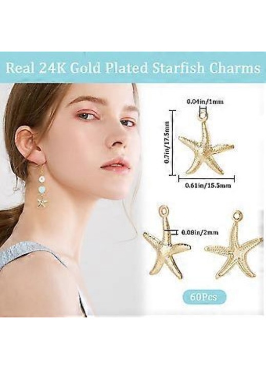Set 60 pandantive stea de mare placate cu aur 24K, otel inoxidabil, auriu antic, 15.5x17.5x2mm, cutie 68x52x11mm