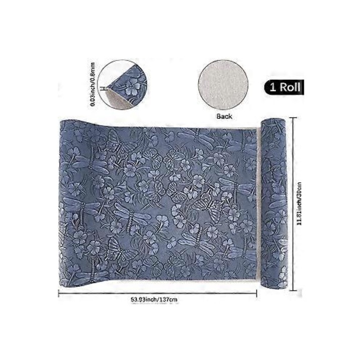 PU bőr lap, tengerészkék, pillangó mintás, 137x30cm, 0.8mm
