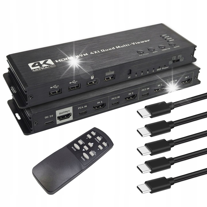 Polion KVM kapcsoló 4x1 HDMI USB-C 4K fekete 227x70x25mm