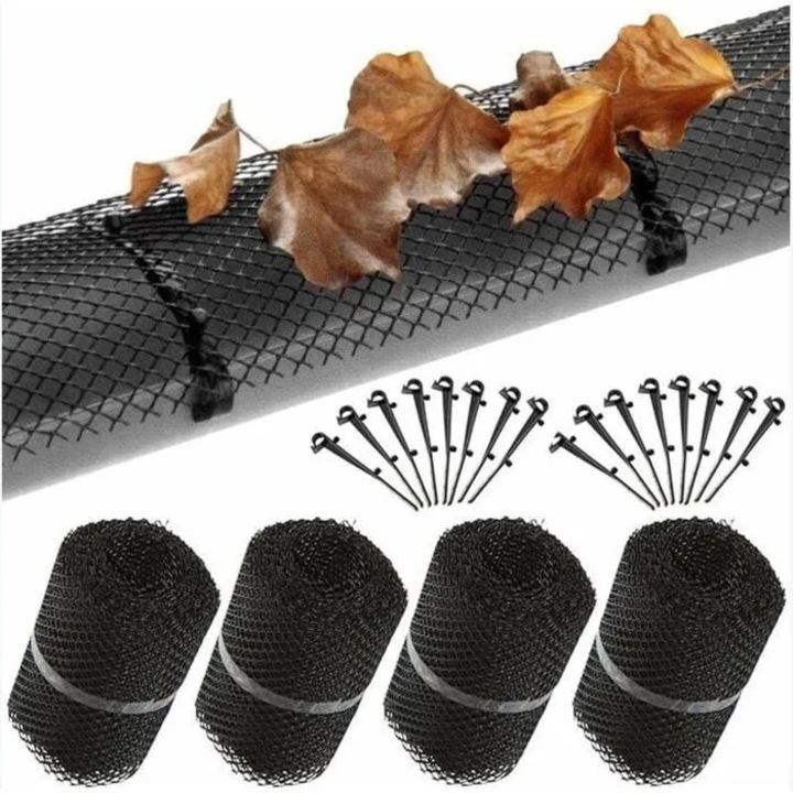 Plasa protectie jgheaburi 16x600cm negru set 4 bucati cu cleme prindere