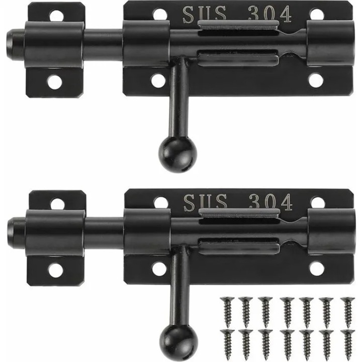 Set 2 incuietori poarta, otel inoxidabil, negru, 10cm