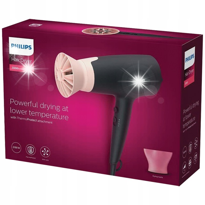 Philips BHD350/10 hajszárító, 2100W, ionizálás, fekete, 9x21.5x29.5cm