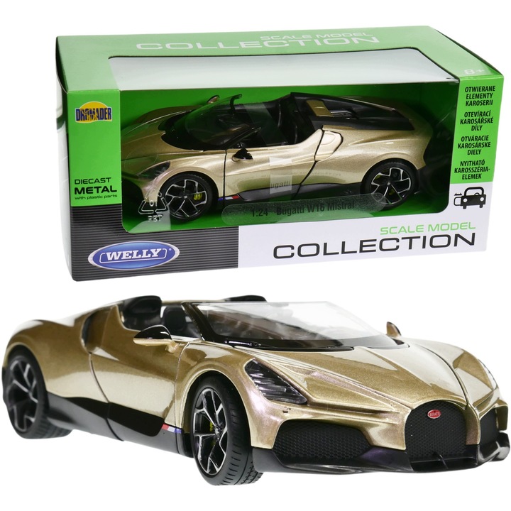 Bugatti Istral W16 fém modell, Welly 1:24, arany, 19cm