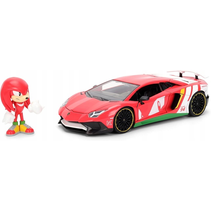 Fém autó Lamborghini Aventador SV Jada piros 20cm szett Knuckles 7cm figurával