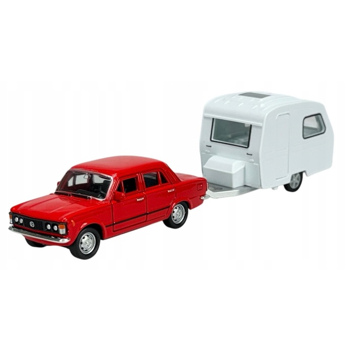 Welly Fiat 125p autó és utánfutó szett, piros, 23x5x6cm