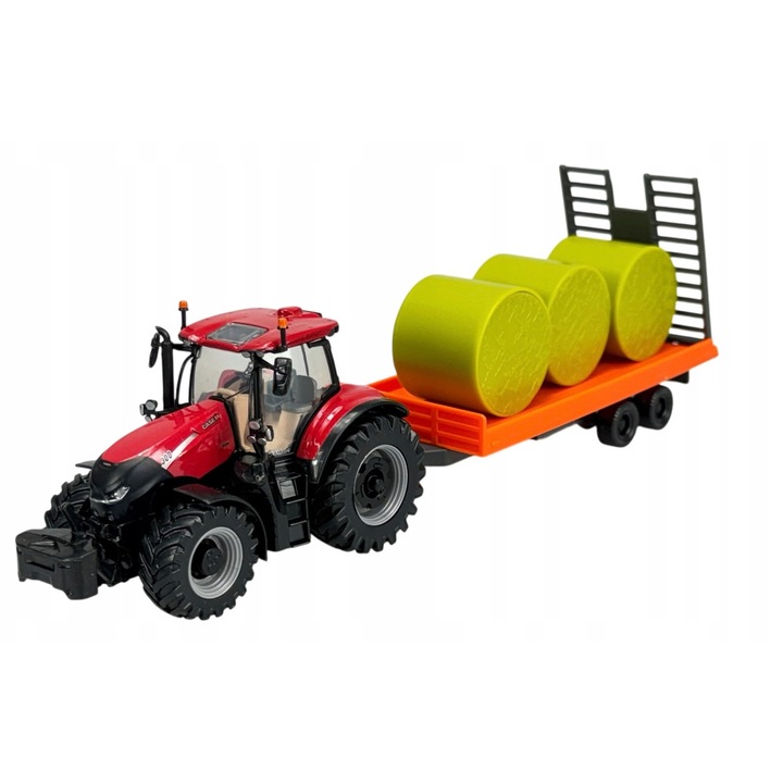 Bburago Case IH Optum 300 CVX traktor, piros, 10x26cm, pótkocsival szettben