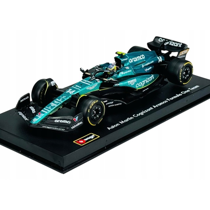Bburago Aston Martin AMR23 Alonso 1/43 fém modell vitrinnel, zöld