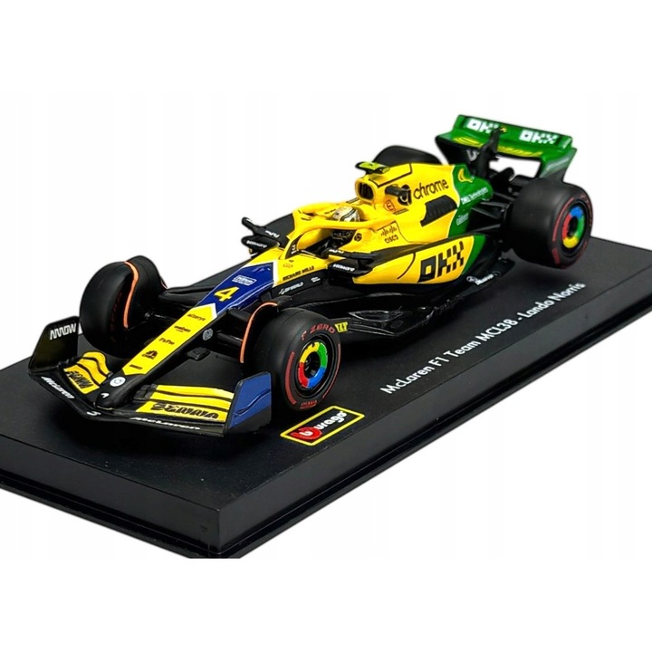 McLaren MCL38 Bburago 1:43 modell sárga-zöld 12cm vitrinnel