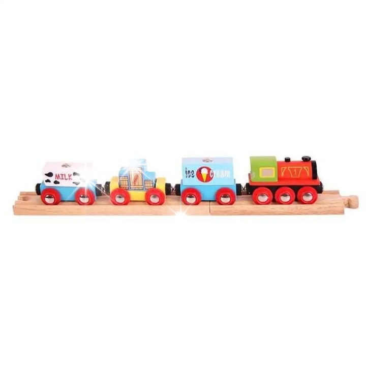 Комплект дървено влакче Bigjigs Rail влакче за мляко и сладолед, многоцветно, 3+ години