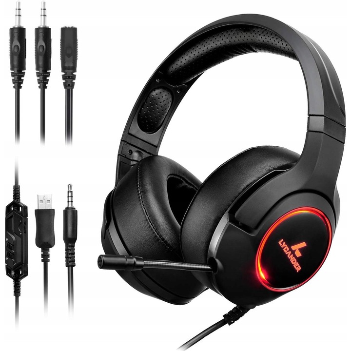 Casti gaming Lycander LGH571, microfon, LED, negru, 8.3x7.2x3.8cm