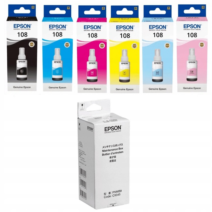 Epson 108 T09C tintapatron készlet, 6 darab és C9345 karbantartó doboz, fekete, EcoTank L8050-hez