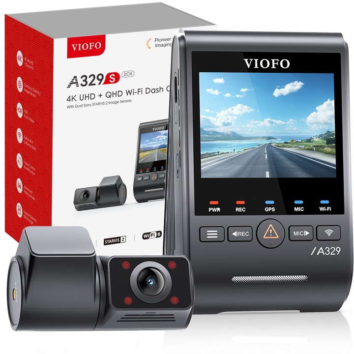 VIOFO A329S 2CH IR autós kamera, 4K+2K, WiFi 6, GPS, fekete, 2.4"