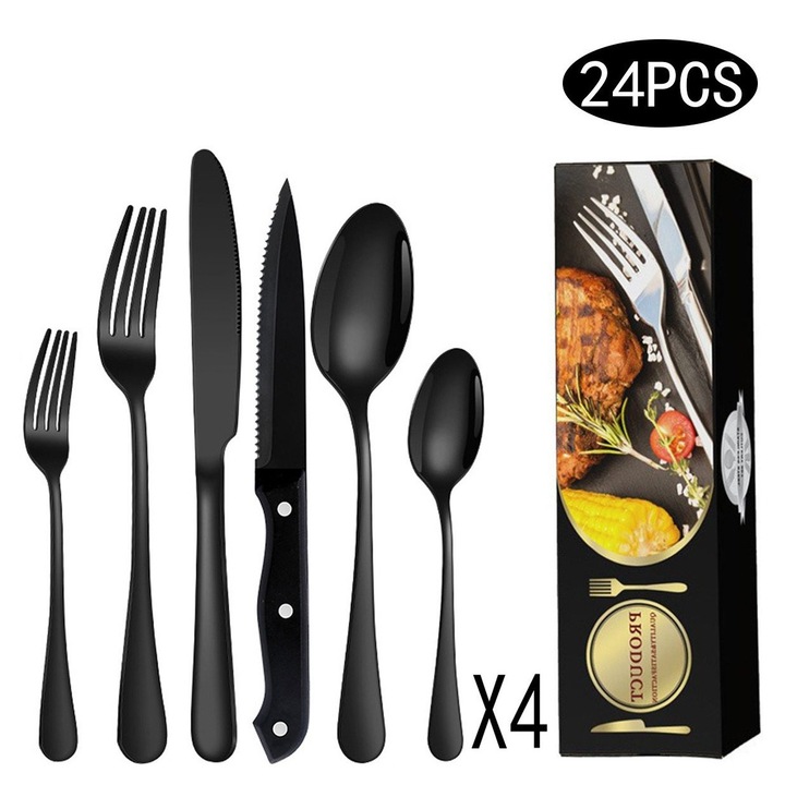 Set tacamuri 24 piese, negru, inox, pentru 4 persoane, cu cutite pentru friptura