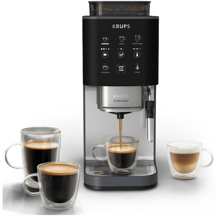Espressor semi-automat Krups Coffee Crush Edition SA404BE1, 1370 W, 15 bari, rasnita conica din metal, sistem bean-to-cup, 5 retete one-touch, functie de spumare a laptelui, 3 trepte de temperatura, compatibil cafea macinata, negru & gri