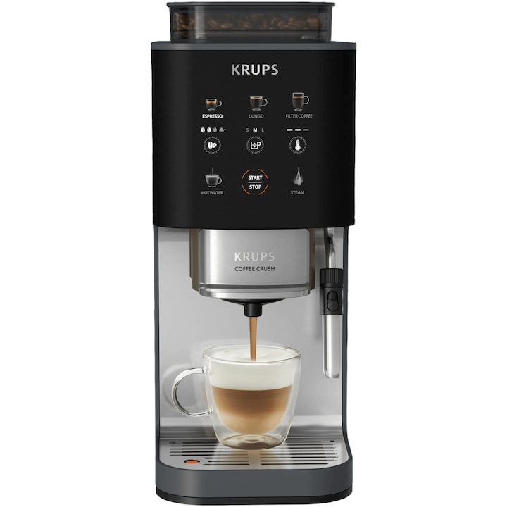 Espressor semi-automat Krups Coffee Crush Edition SA404BE1, 1370 W, 15 bari, rasnita conica din metal, sistem bean-to-cup, 6 retete one-touch, functie de spumare a laptelui, 3 trepte de temperatura, compatibil cafea macinata, negru & gri