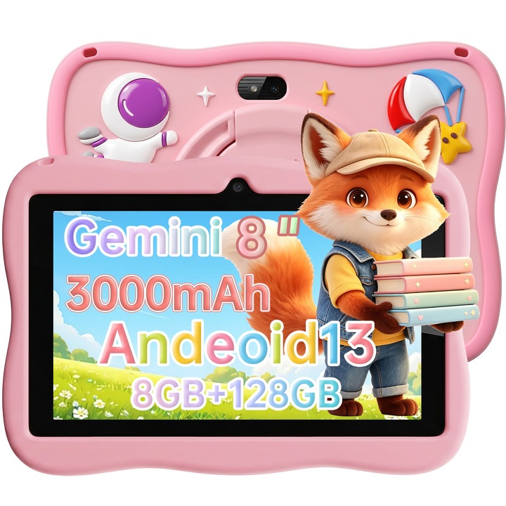 Tableta pentru copii, de 8 inch, Android 13, 3-12 ani, 8GB RAM, 128GB ROM, (extensibila la512GB), WiFi, Software pentru copii preinstalat, Roz, include husa de protectie