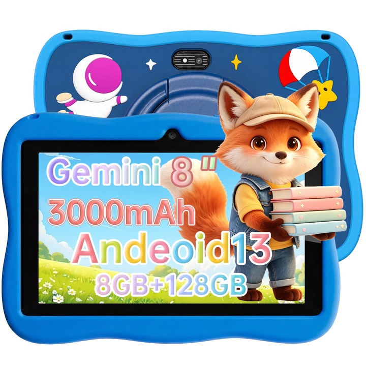 Tableta pentru copii, de 8 inch, Android 13, 3-12 ani, 8GB RAM, 128GB ROM, (extensibila la 512GB), WiFi, Software pentru copii preinstalat, albastru, include husa de protectie