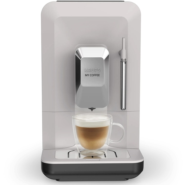Espressor automat Krups My Coffee+ EA201BE0, 1690 W, 15 bar, rezervor apa 1.5 L, rasnita conica metalica, 5 trepte de macinare, compartiment boabe 160 g, 3 retete de cafea, duza pentru spumare lapte, gri