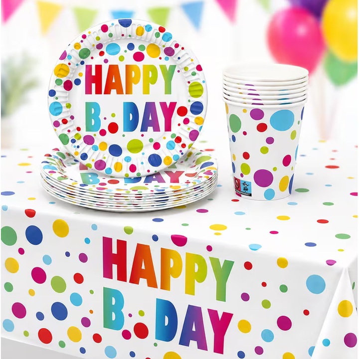 HAPPY BIRTHDAY parti szett 16 személyre, terítő, tányérok és poharak, 49 darab, évforduló, grillparti, grill