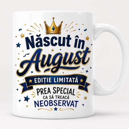 Cană cu mesajul „Născut în august”