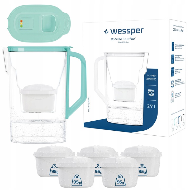 Cana filtranta Wessper D3 SLIM 2,7l mint, set cu 6 filtre