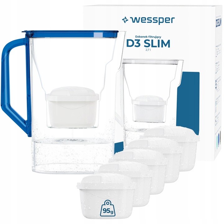 Carafa filtranta Wessper D3 SLIM 2,7l albastru 23x25cm set 6 filtre