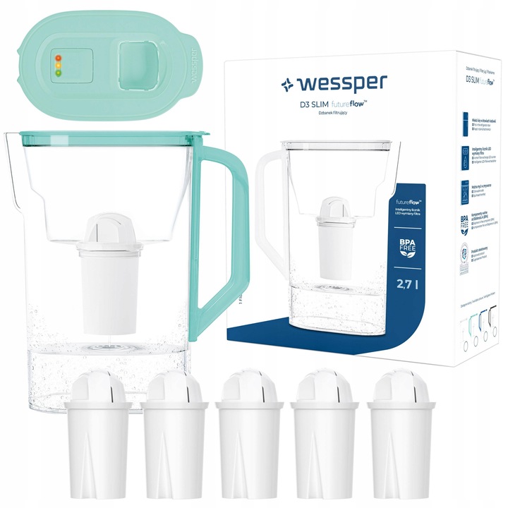 Carafa filtranta Wessper D3 SLIM 2,7l mint, set 6 filtre