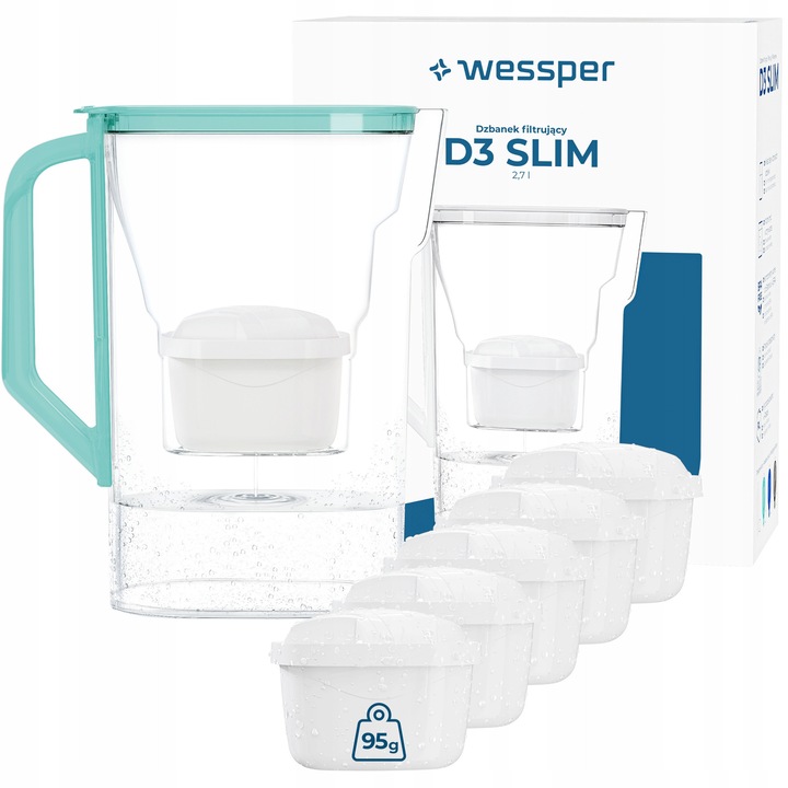 Cana filtranta Wessper D3 SLIM 2,7l mint, set 6 filtre aquamax