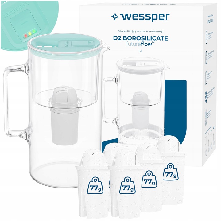 Dzban filtrant sticla Wessper D2 borosilicat 3l verde set 6 filtre