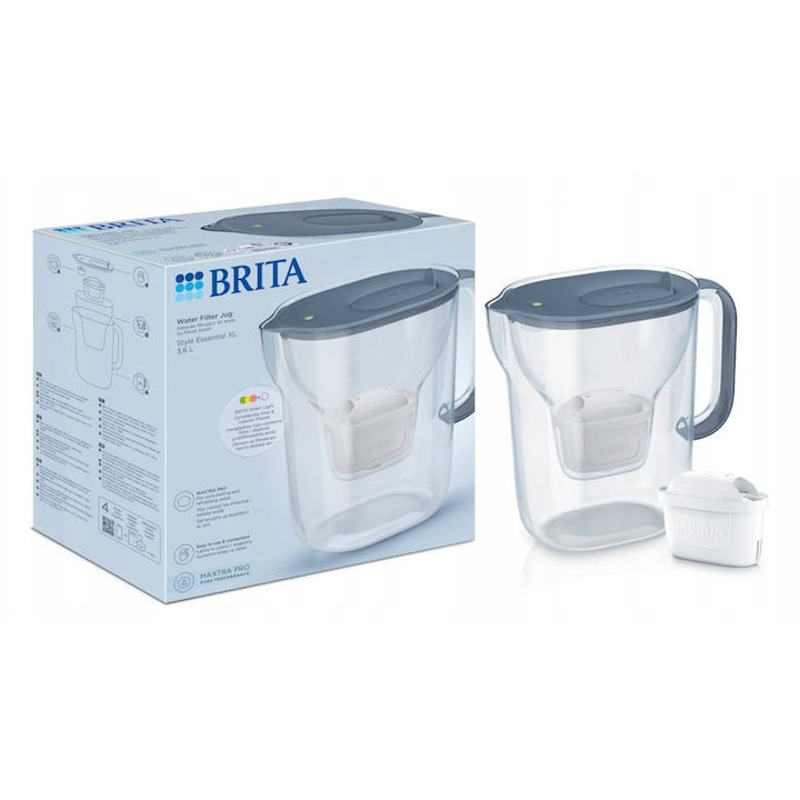 Carafa filtranta Brita Style Essential XL, 3.6L, gri grafit, cu filtru Maxtra Pro Pure