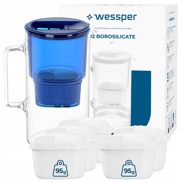 Cana filtranta Wessper D2 Borosilicat 3L cu 6 filtre, transparenta, 3L
