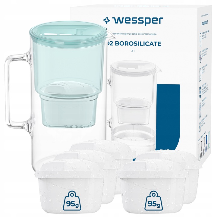 Cana filtranta Wessper D2 Borosilicat 3L cu 6 filtre Aquamax, transparent, 3L