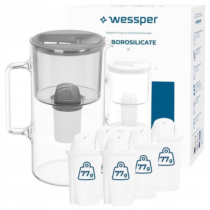 Cana filtranta Wessper D2 borosilicat 3l gri set 6 filtre