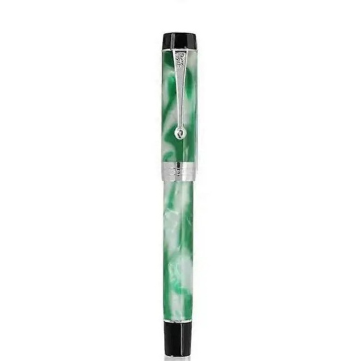 Stilou din rasina 31CJ-K0274-260814-521, penita F (fin), clema placata cu aur 18K, varf iridiu bicolor lustruit manual, verde marmorat
