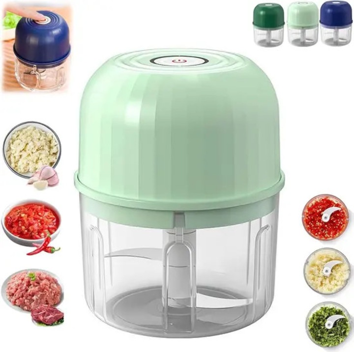 Tocator electric mini, plastic si otel inoxidabil, verde, 9x9x11.3cm, 260ml, incarcare wireless Type-C