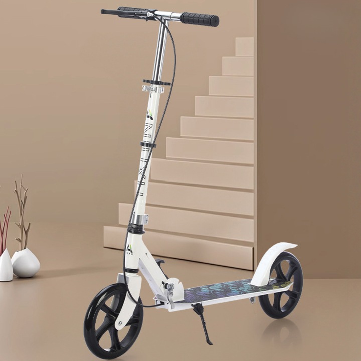 Trotineta Pliabila pentru Copii si Adolescenti, Roti PU 20 cm, Cadru din Otel Carbon, Frana de Mana + Frana Spate, Ghidon Reglabil 92-102 cm, Suporta pana la 100 kg, Alb