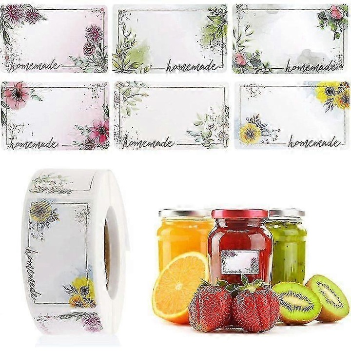 Etichete autoadezive pentru borcane FG123K0225-260803-12582, dreptunghi, model floral, multicolor, 500 buc., 8.5 cm