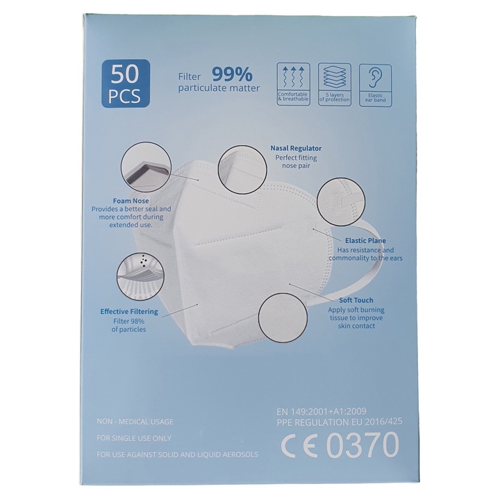 50 db FFP3 védő félmaszk készlet, légzőkészülék, MYS MV99, orr szivacs, Fehér
