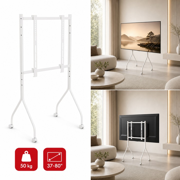 TV állvány kerekekkel 37-80'', TV tartó, 50 kg, fehér, VESA max 600x400, Maclean MC-180 W
