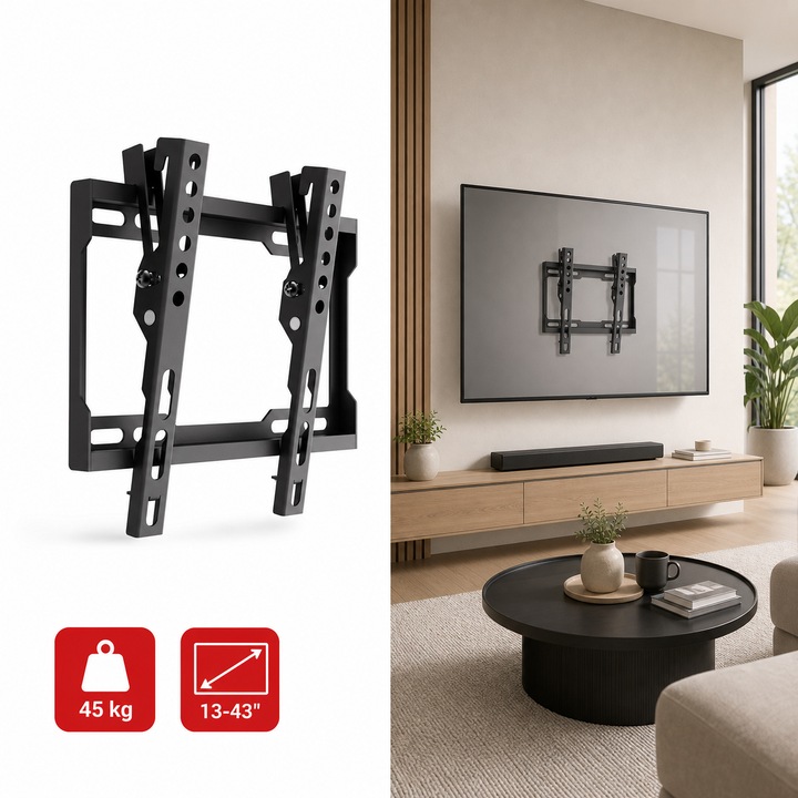 Fali TV tartó, Univerzális, 13-43'' képátló, max 45 kg, slim modell, VESA kompatibilis, fekete, Maclean MC-186