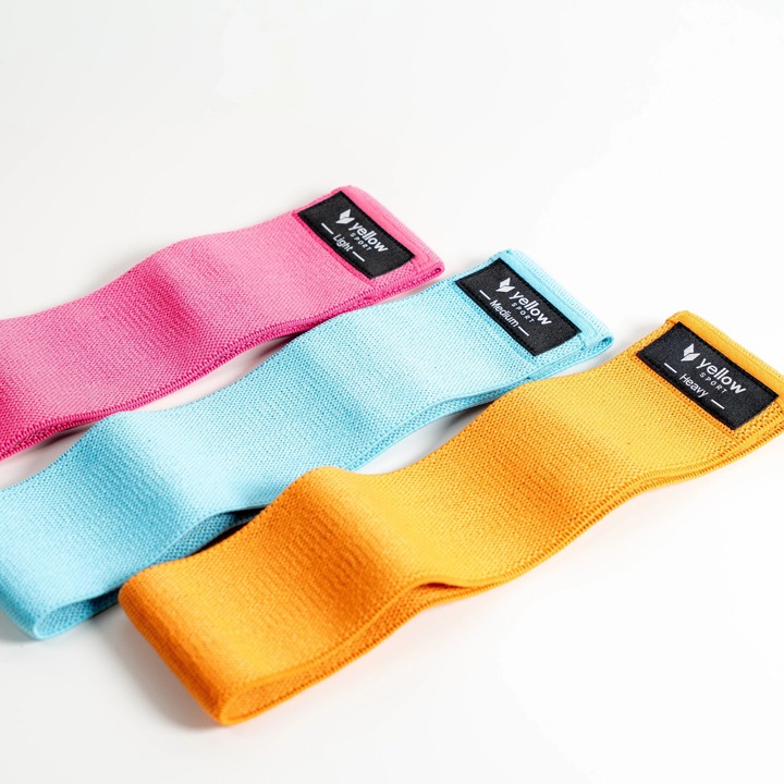 Textil ellenállási szalagok fenékre és csípőre, yellowHIP Bands, 7-11 kg / 11-16 kg / 16-20 kg, rózsaszín / kék / narancssárga, 3 db-os szett, yellowSPORT