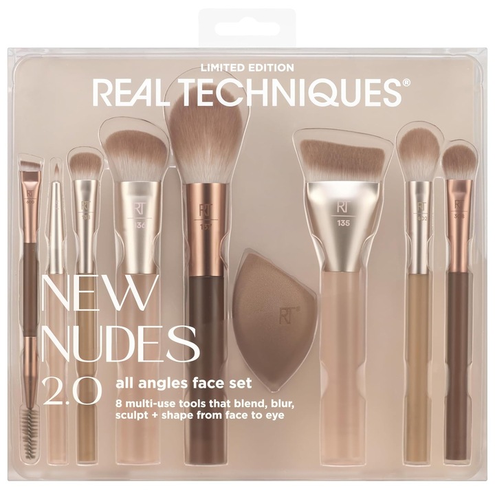 Real Techniques New Nudes 2.0 All Angles Face – Set de 10 piese, cu pensule pentru machiajul fetei si al ochilor, include un burete de machiaj, ideal pentru aplicarea fondului de ten, corectorului, blush-ului si fardului de pleoape, netestat pe animale
