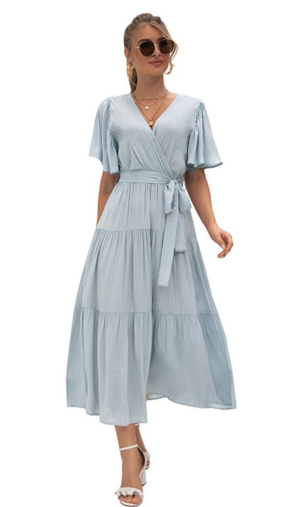 Rochie seara evazata albastru deschis voal