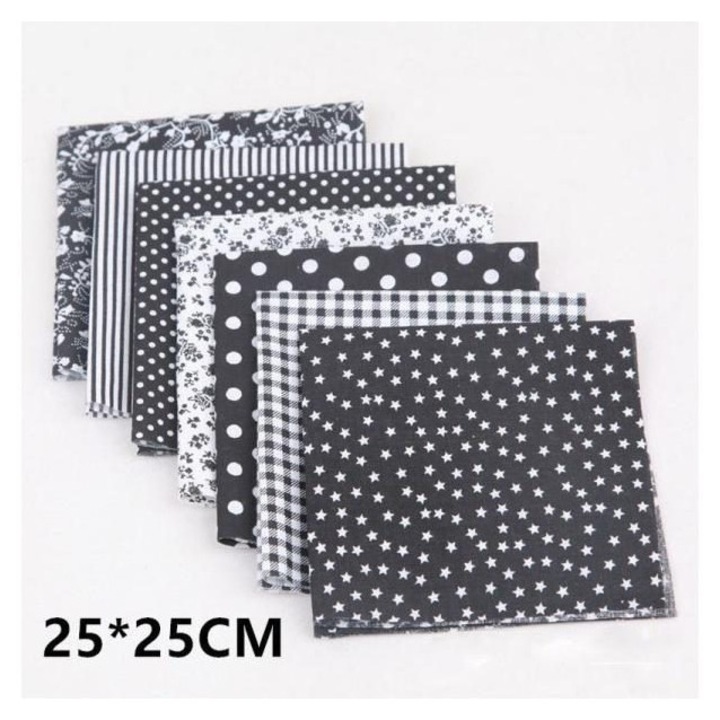OEM pamut textil anyag, virágos patchwork, 7 lap, fekete, 160x? cm