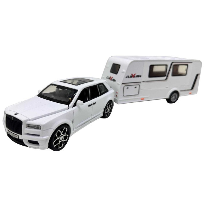 Rolls-Royce Cullinan autómodell, fehér, lakókocsival, 1:32 méretarányú, fém, Die-Cast, fények és hangok