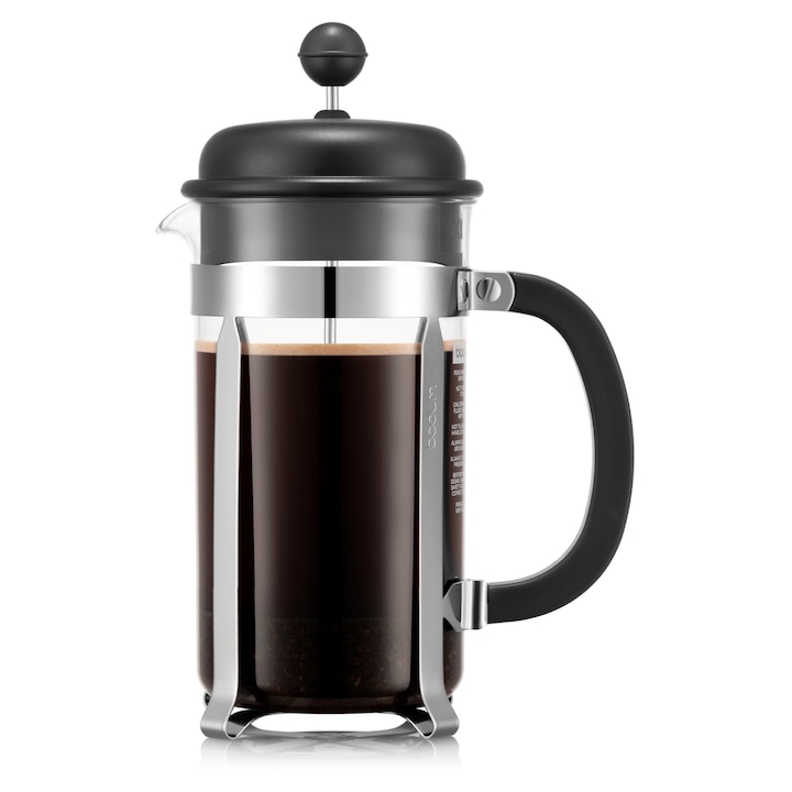 Bodum Caffettiera French Press Black, Filtru de cafea 1L / 8 cesti, Sticla rezistenta la caldura, Filtru din otel inoxidabil, Fara BPA si se poate spala in masina de spalat vase, Fabricat in Portugalia