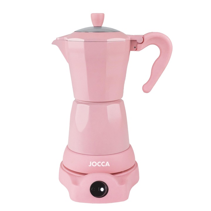Cafetiera italiana electrica Jocca, roz, 6 cani, baza rotativa 360°, Sistem de incalzire, Prindere la rece, 480W fara cablu